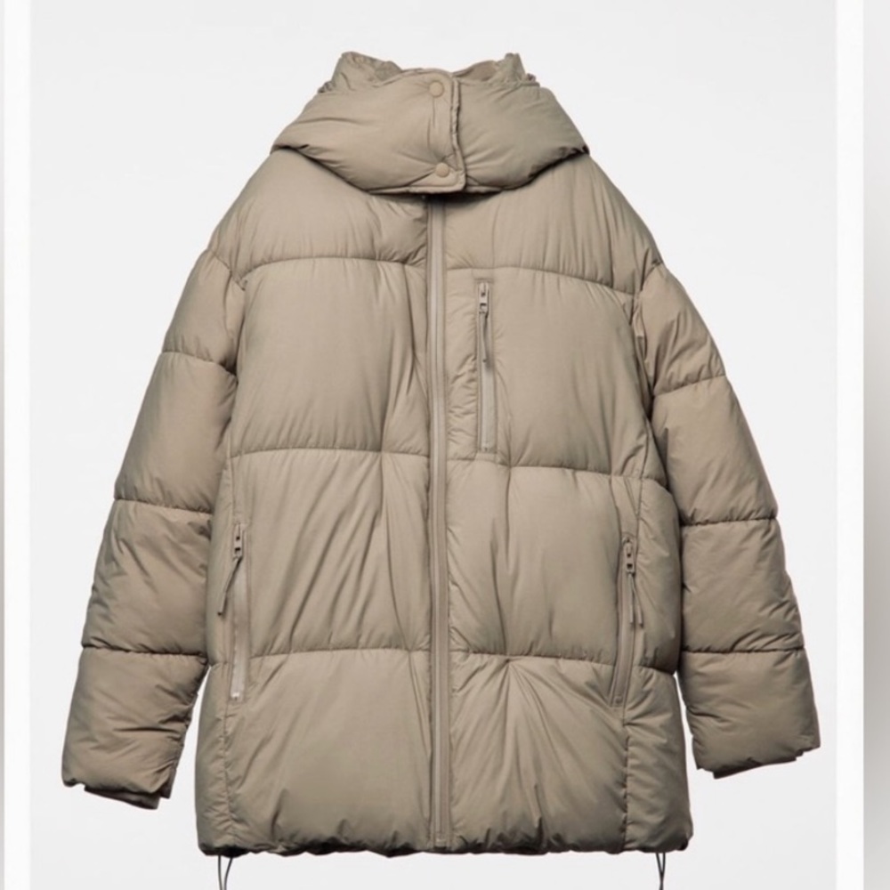 ZARA Hooded Puffer Jacket In Beige